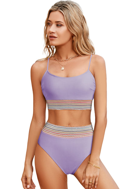 Peach Blossom Striped Patchwork Spaghetti Strap High Waist Bikini Swimsuit