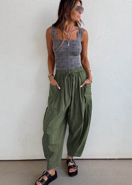 Black Drawstring Elastic Waist Patch Pocket Barrel Leg Casual Pants