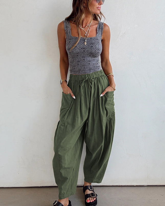 Black Drawstring Elastic Waist Patch Pocket Barrel Leg Casual Pants