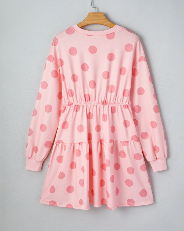 White Polka Dot Printed Long Sleeve Flared Mini Dress