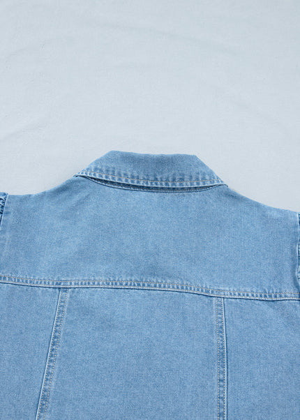 Beau Blue Button Down Short Puff Sleeve Ruffle Hem Patchwork Denim Dress