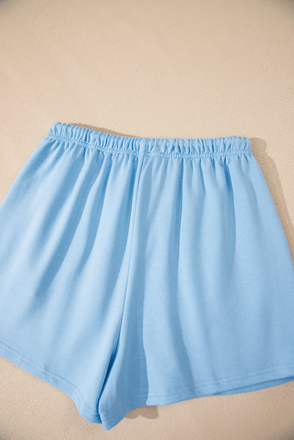 Mint Green V Neck Drop Shoulder Tee and Patchwork Drawstring Shorts Set