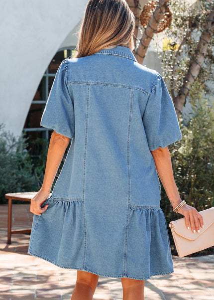 Beau Blue Button Down Short Puff Sleeve Ruffle Hem Patchwork Denim Dress