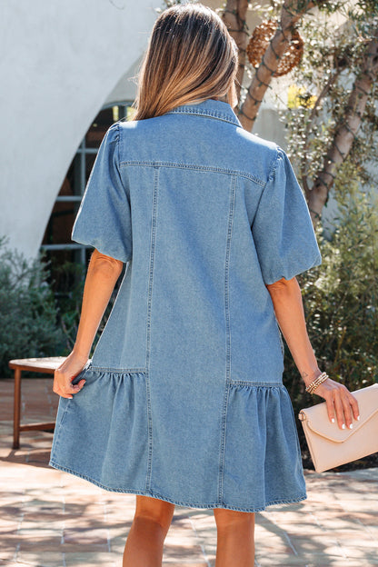 Beau Blue Button Down Short Puff Sleeve Ruffle Hem Patchwork Denim Dress