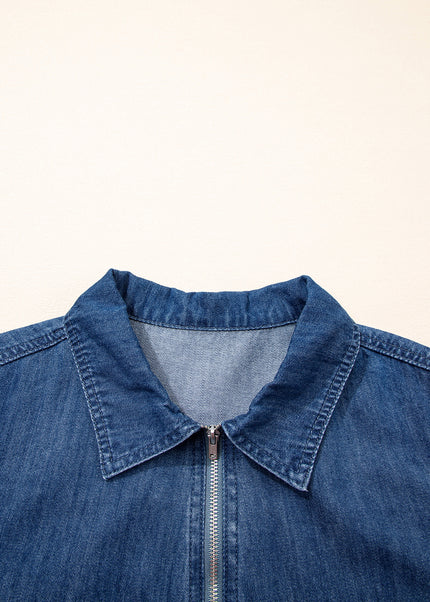 Blue Zip up Collared Short Sleeve Shift Mini Denim Dress