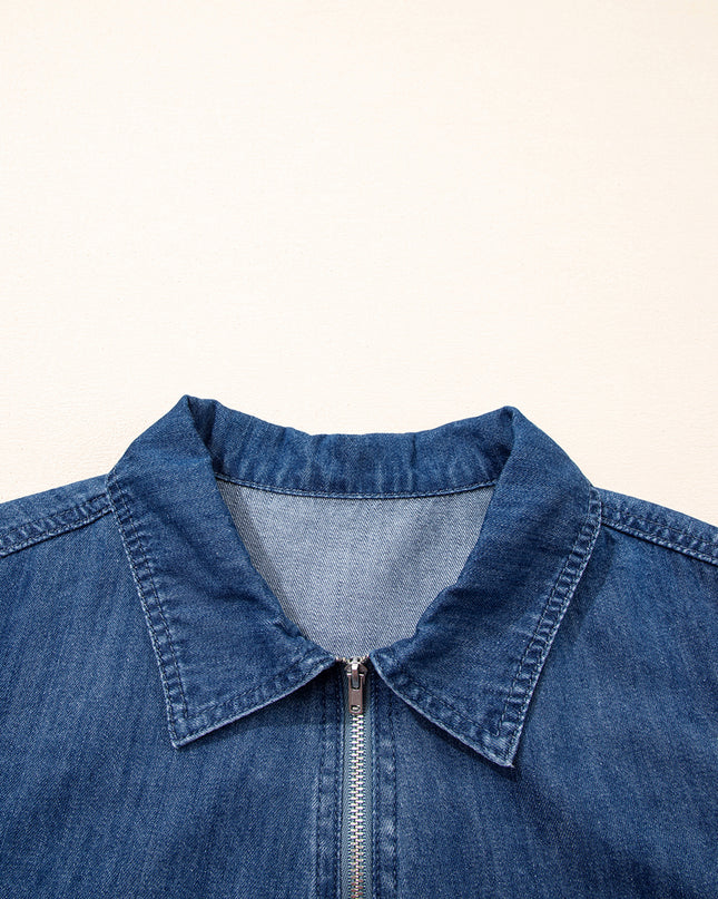 Blue Zip up Collared Short Sleeve Shift Mini Denim Dress