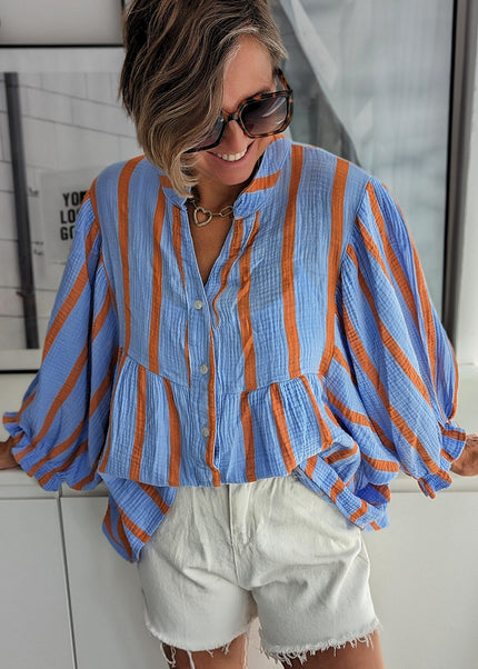 Orange Stripe Crinckled Ruffled Sleeve Button up Loose Shirt