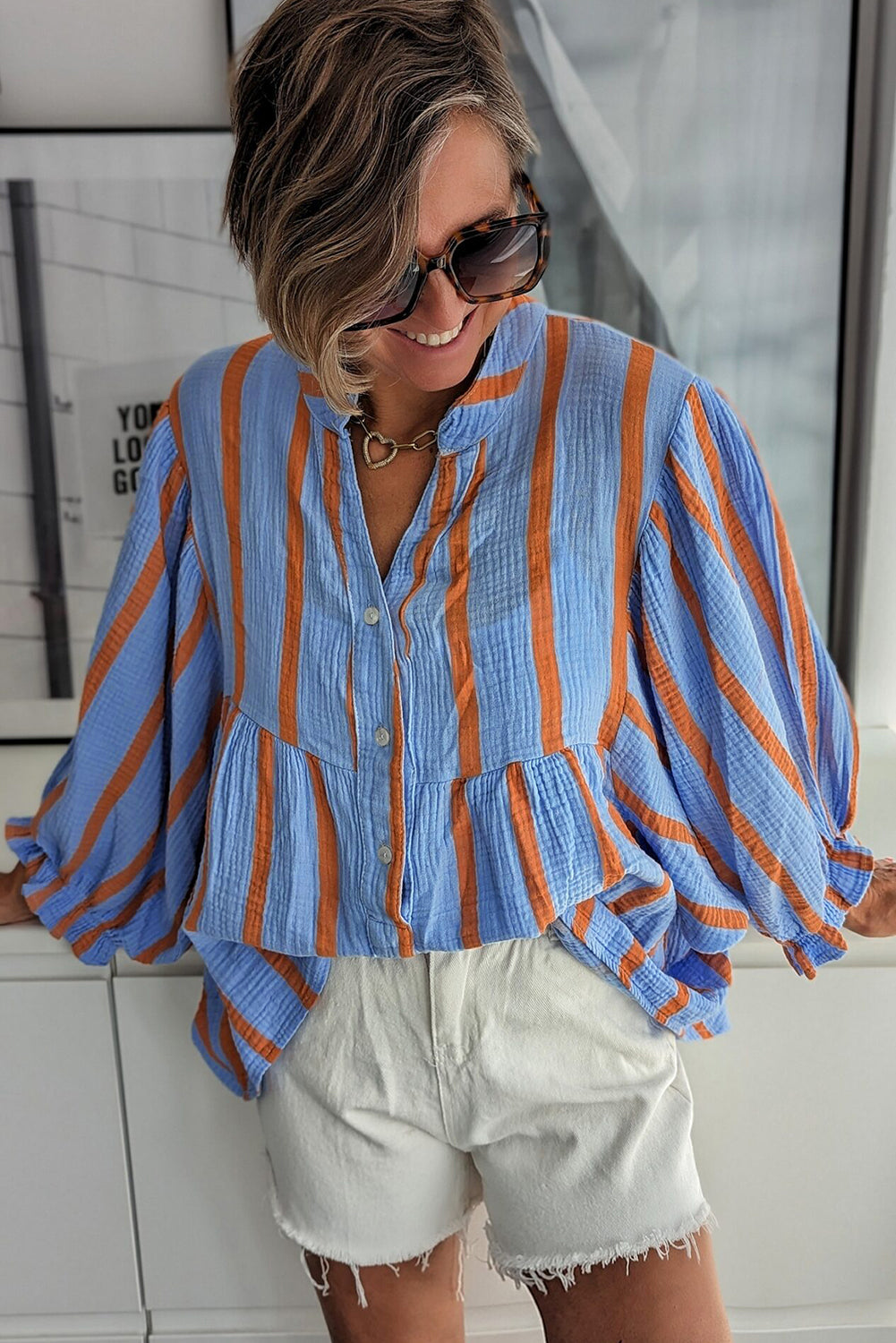 Orange Stripe Crinckled Ruffled Sleeve Button up Loose Shirt