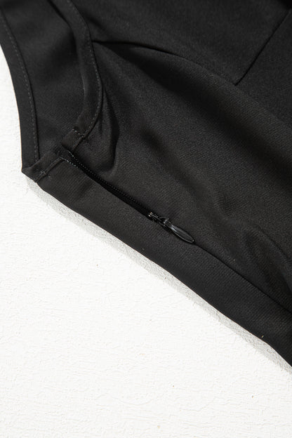 Black Solid Color Sleeveless Sheer Floral Lace Patchwork Long Dress