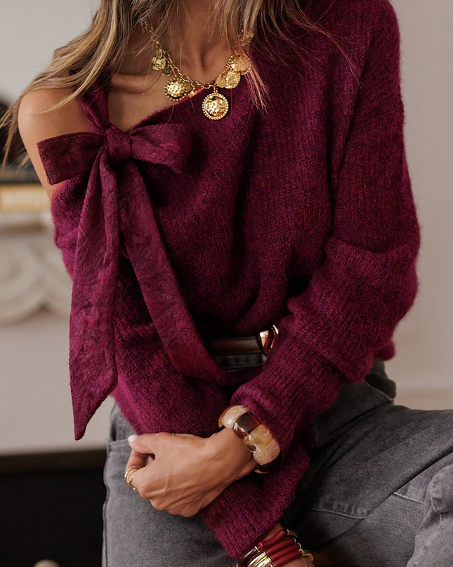 Burgundy Lace Bowknot Asymmetric Neck Sweater