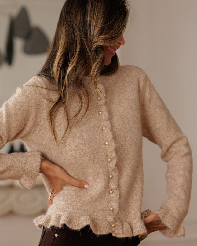 Oatmeal Ruffle Trim Gold Button Sweater Cardigan