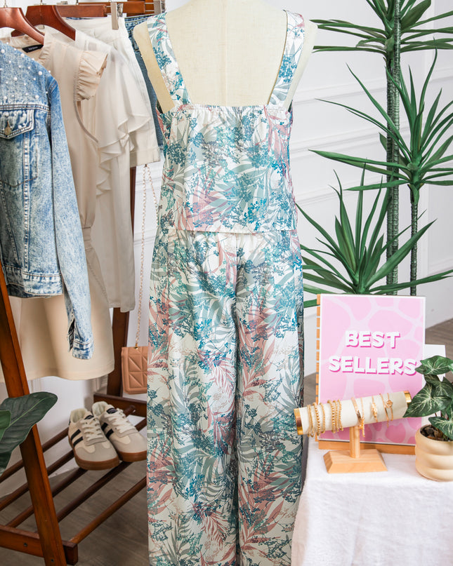 Green Tropical Palm Printed Cropped Tank Drawstring Wide Leg Pant Set