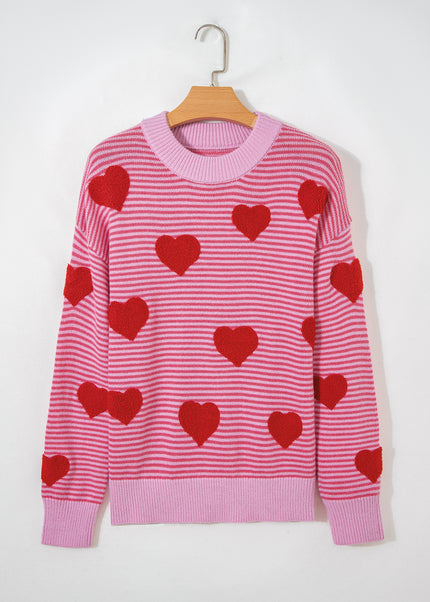 Gray Stripe Contrast Heart Pattern Valentine Knit Sweater