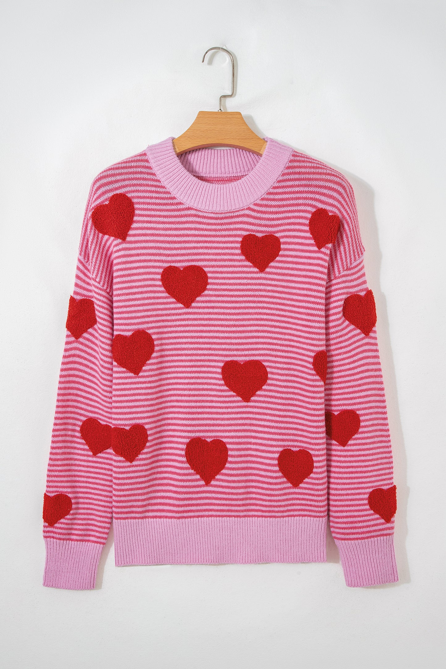 Gray Stripe Contrast Heart Pattern Valentine Knit Sweater