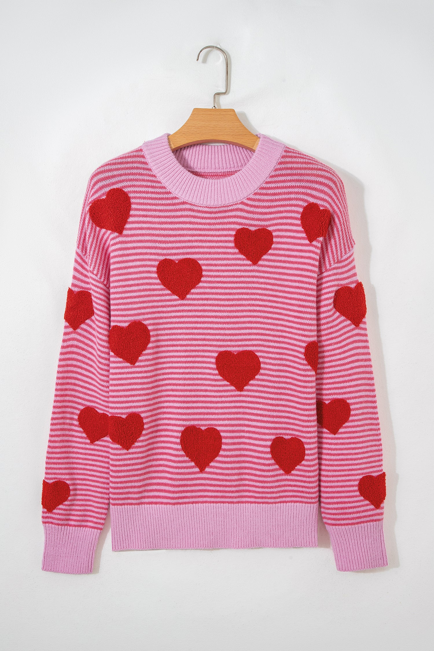 Gray Stripe Contrast Heart Pattern Valentine Knit Sweater