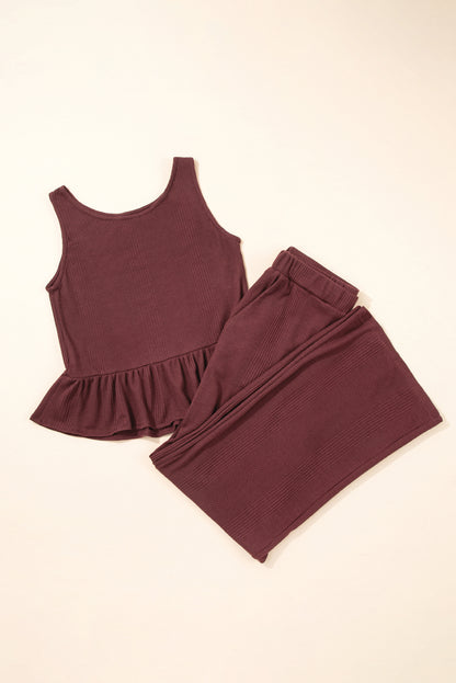 Beau Blue Solid Color Ribbed Ruffle Tank Top and Pants Set