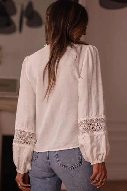 White Solid Color Floral Guipure Patchwork Frilled Long Sleeve Blouse