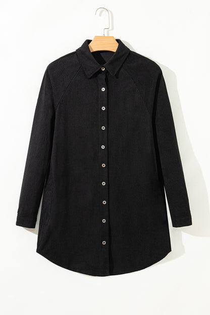 Beige Corduroy Shirt Style Full Button Long Sleeve Shift Mini Dress