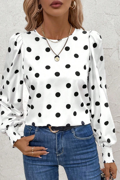 White Polka Dot Print Round Neck Frilled Long Sleeve Blouse