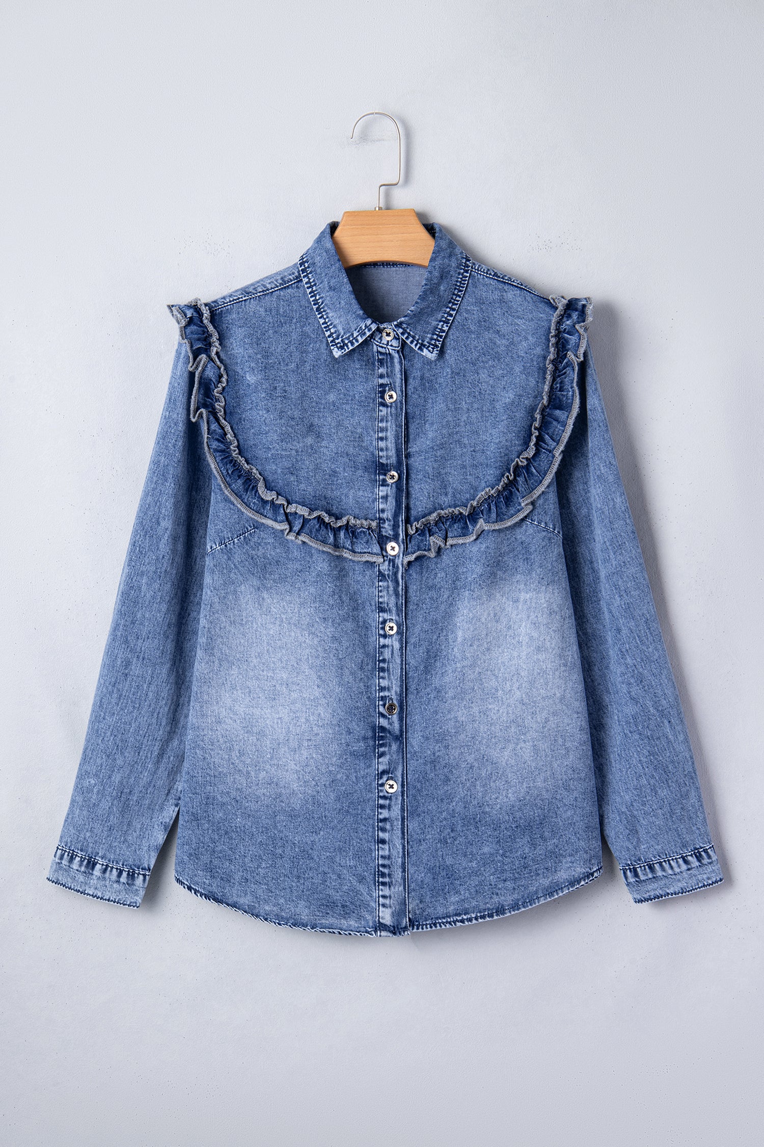 Dusk Blue Vintage Wash Denim Ruffle Detail Button Down Shirt