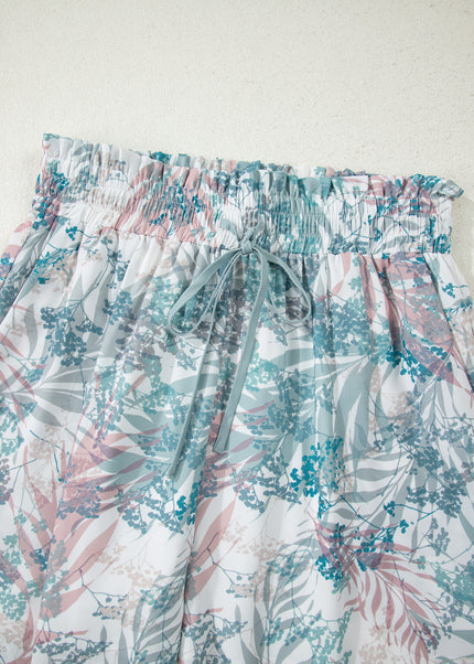 Green Tropical Palm Printed Cropped Tank Drawstring Wide Leg Pant Set