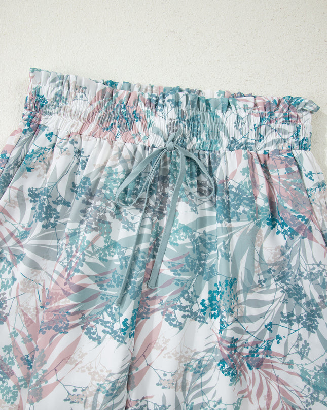 Green Tropical Palm Printed Cropped Tank Drawstring Wide Leg Pant Set