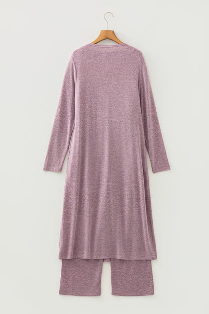 Dark Grey 3pcs V Neck T Shirt Ribbon Knot Pants Open Duster 3pcs Lounge Set