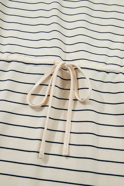 Beige Stripe Drawstring Tunic Tank Mini Dress with Pockets