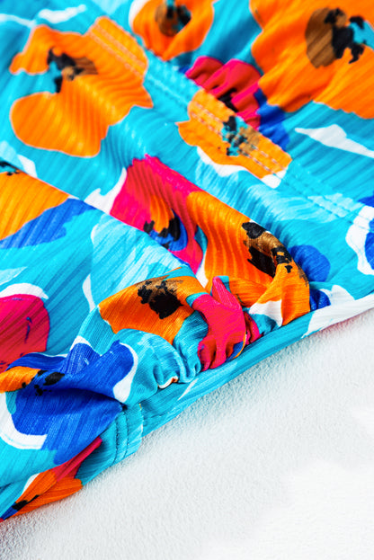 Sky Blue Adjustable Straps Ribbed Knit One Piece Swimsuit