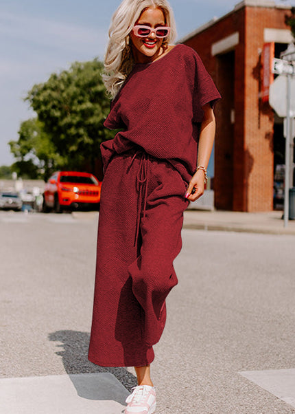 Black Textured Loose Fit T Shirt and Drawstring Pants Set