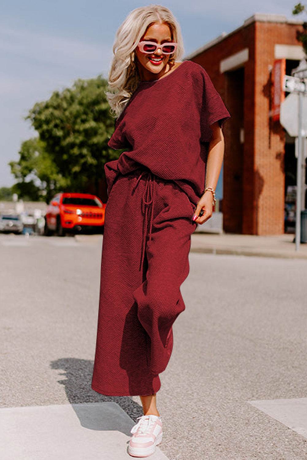 Black Textured Loose Fit T Shirt and Drawstring Pants Set