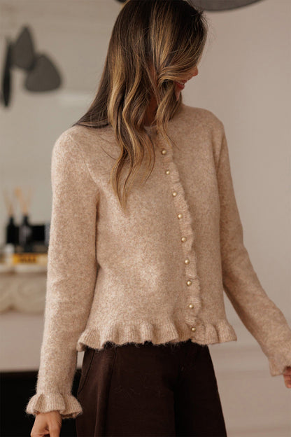 Oatmeal Ruffle Trim Gold Button Sweater Cardigan