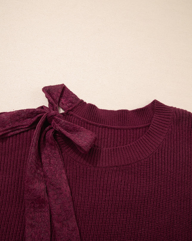 Burgundy Lace Bowknot Asymmetric Neck Sweater