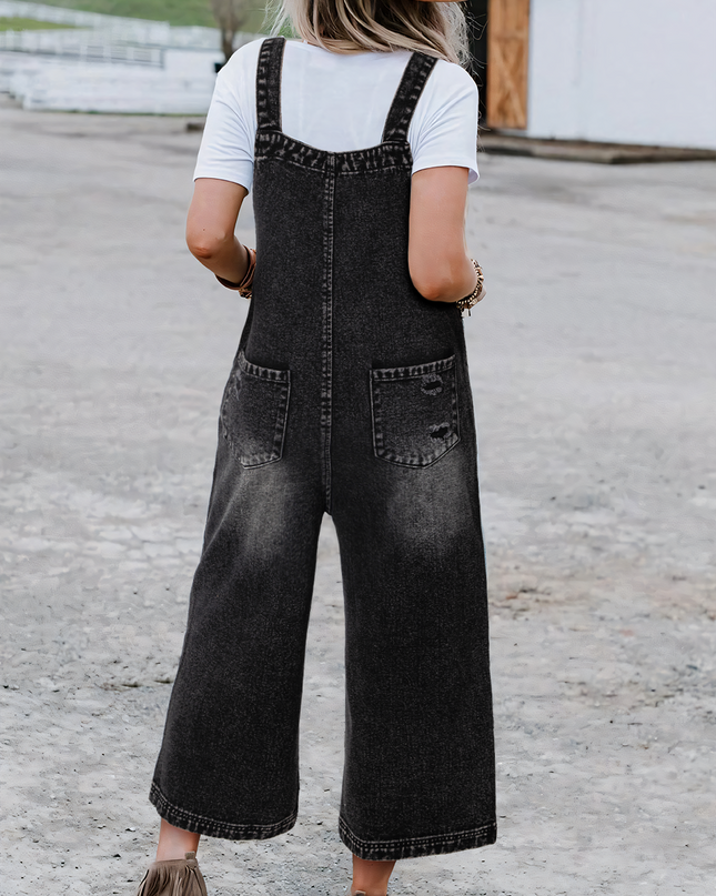 Stone Blue Distressed Bib Pocket Wide Leg Denim Overall