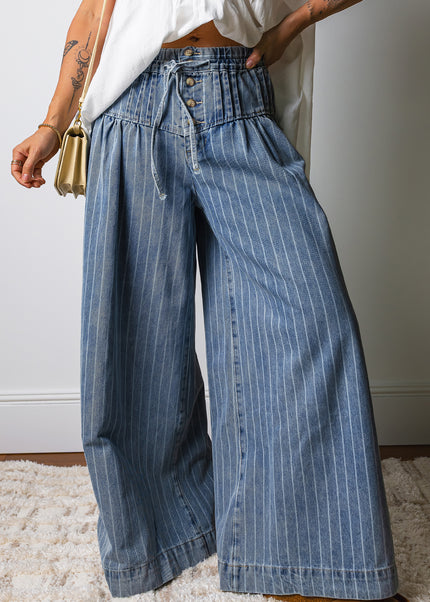 Sky Blue Stripe Button Pleated Drawstring Waist Casual Wide Leg Jeans