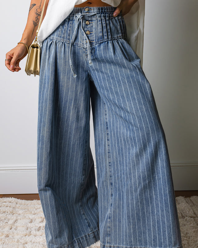 Sky Blue Stripe Button Pleated Drawstring Waist Casual Wide Leg Jeans