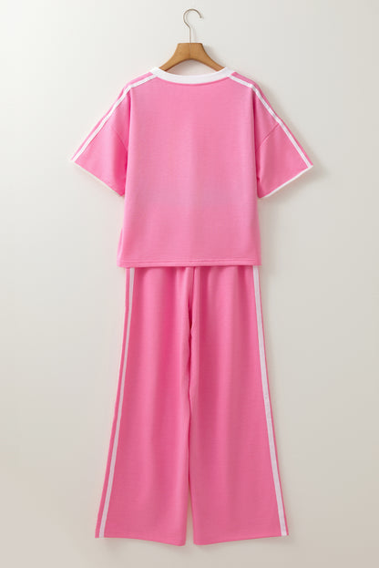 Sachet Pink Varsity Stripe Detail Casual Tee and Pants Leisure 2pcs Set