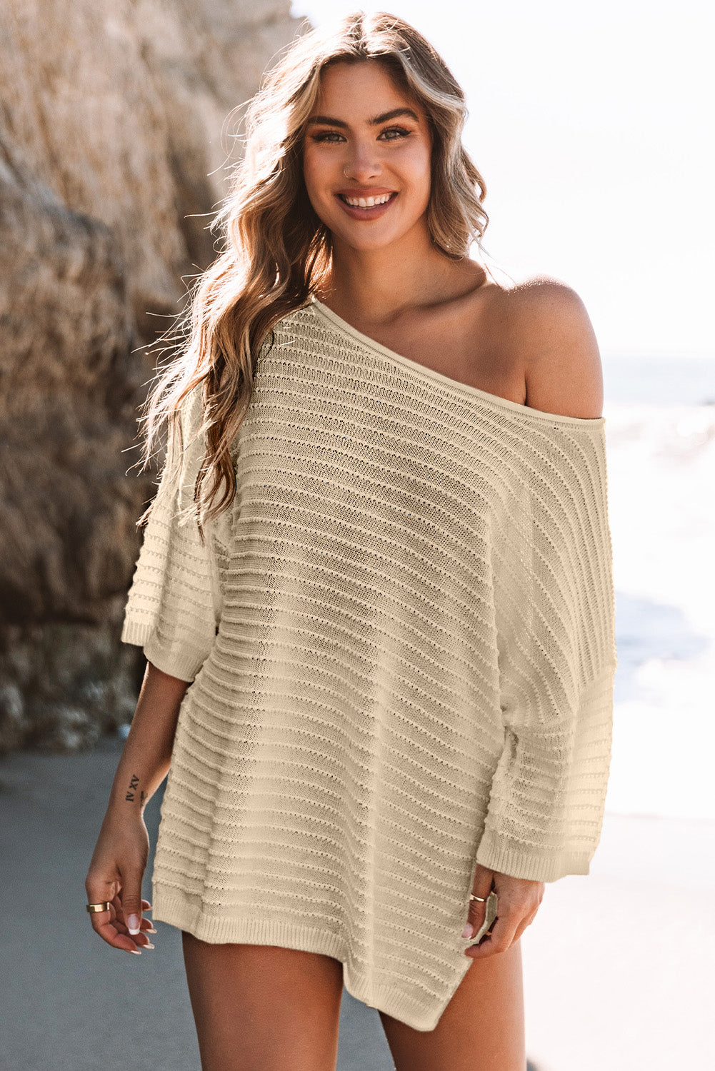 Beige Textured Knit Drop Shoulder Short Sleeve Sweater