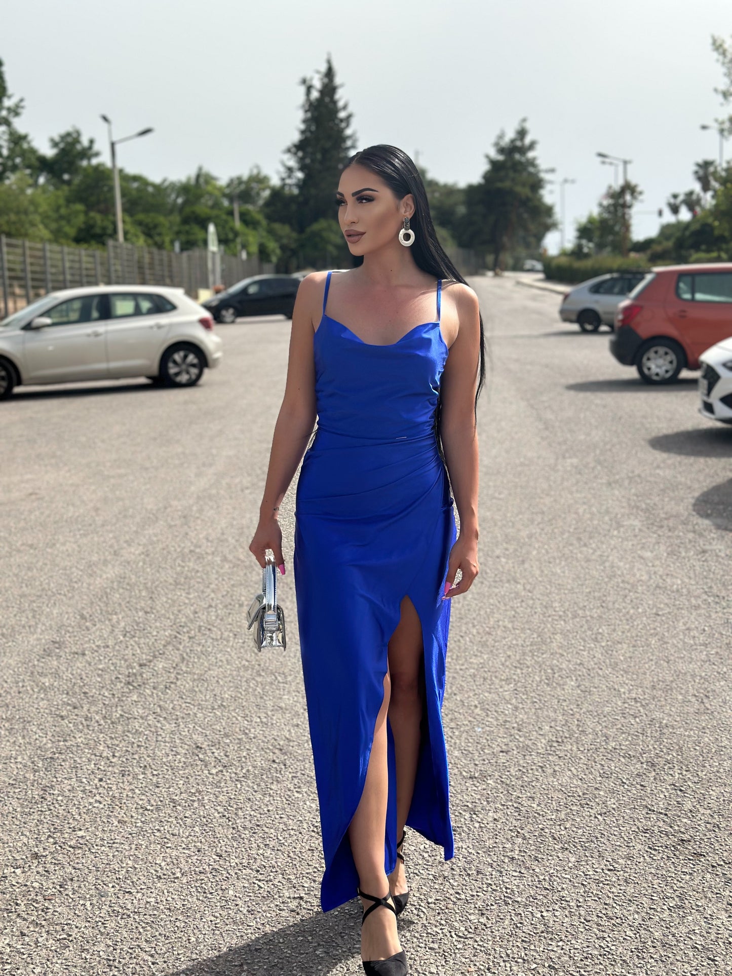 483-3 DIANE satin long dress with a leg slit - blue