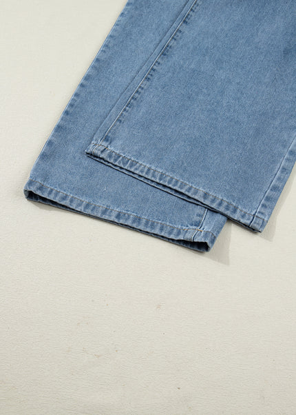 Dusk Blue Pleated Wide Leg Retro Pocketed Denim Jumpsuit