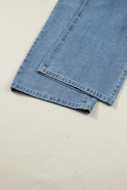 Dusk Blue Pleated Wide Leg Retro Pocketed Denim Jumpsuit