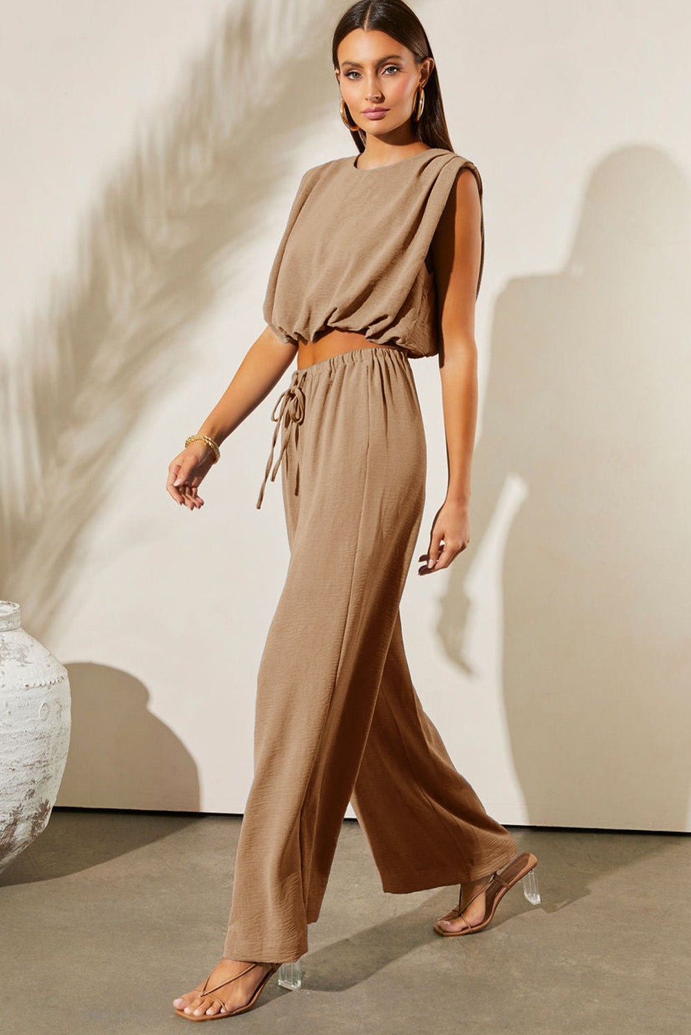 Pale Khaki Solid Color Keyhole Puffy Tank Drawstring Loose Pants 2pcs Set Outfit