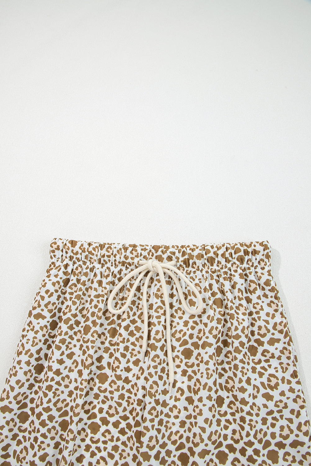 Brown Leopard Drawstring Elastic Waistband Loose Pants
