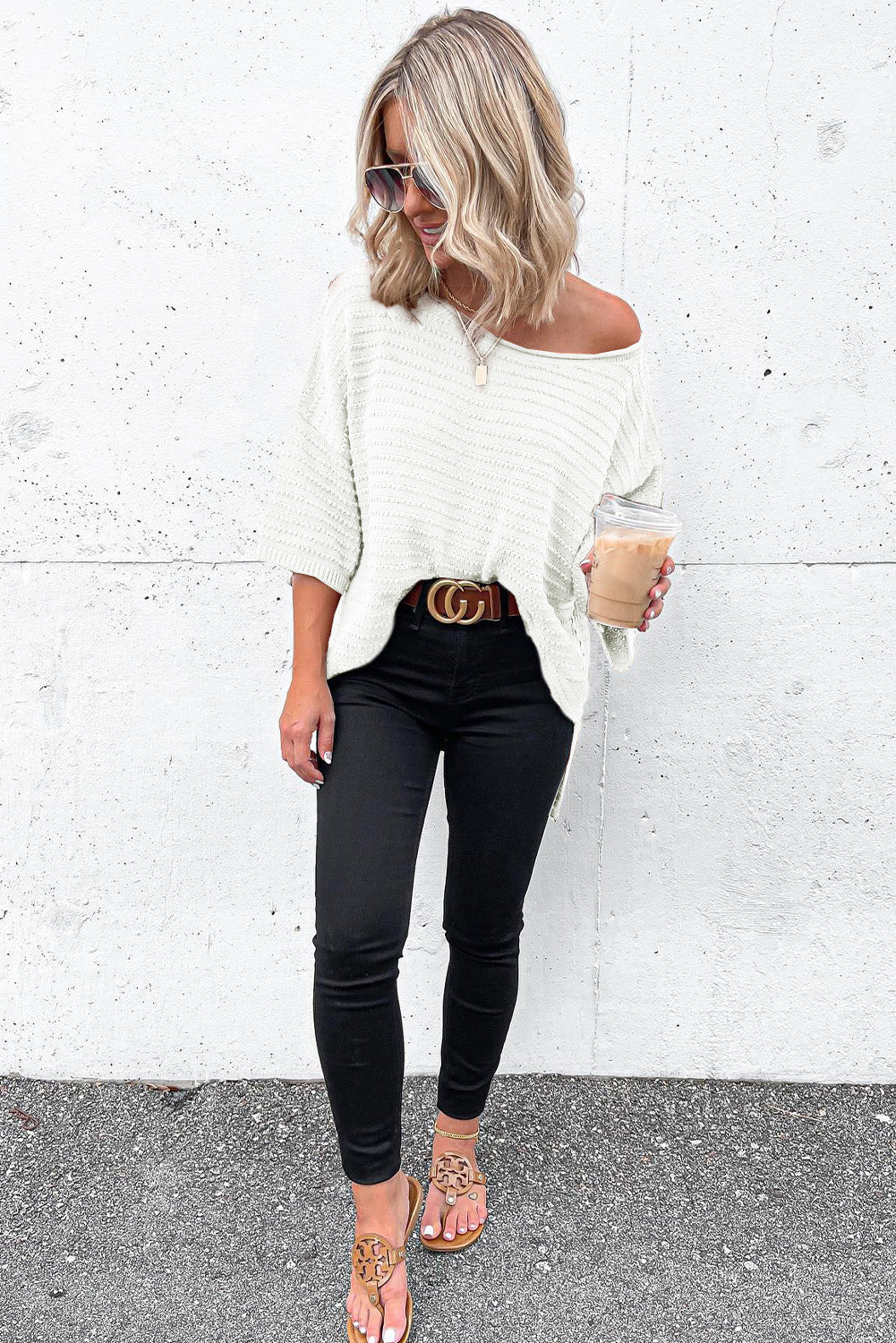 Beige Textured Knit Drop Shoulder Short Sleeve Sweater