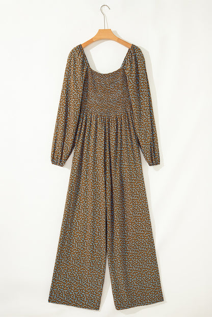 Brown Floral Print Western Smocked Bodice Square Neck Wide Leg Jumpsuit