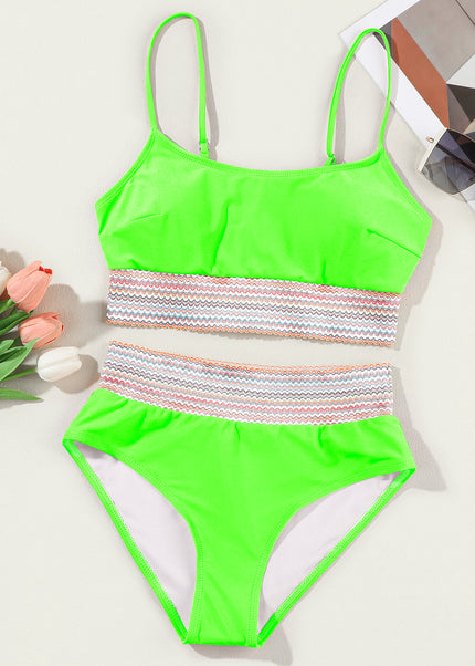 Peach Blossom Striped Patchwork Spaghetti Strap High Waist Bikini Swimsuit