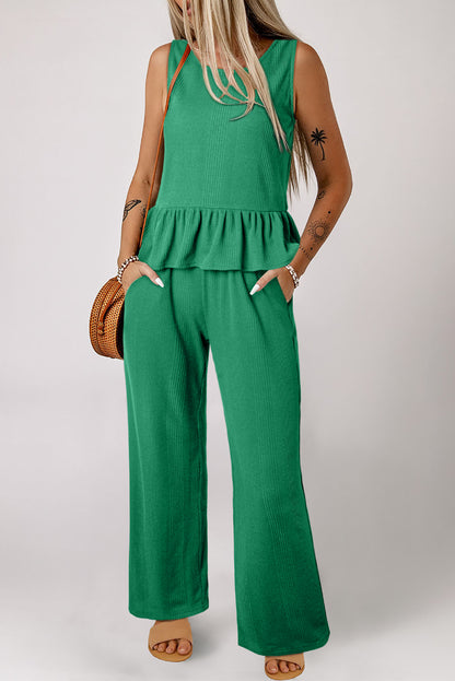 Beau Blue Solid Color Ribbed Ruffle Tank Top and Pants Set