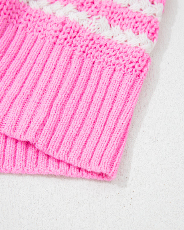 Pink Stripe Short Sleeve Knit V Neck Bow Knot Sweater