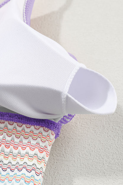 Peach Blossom Striped Patchwork Spaghetti Strap High Waist Bikini Swimsuit