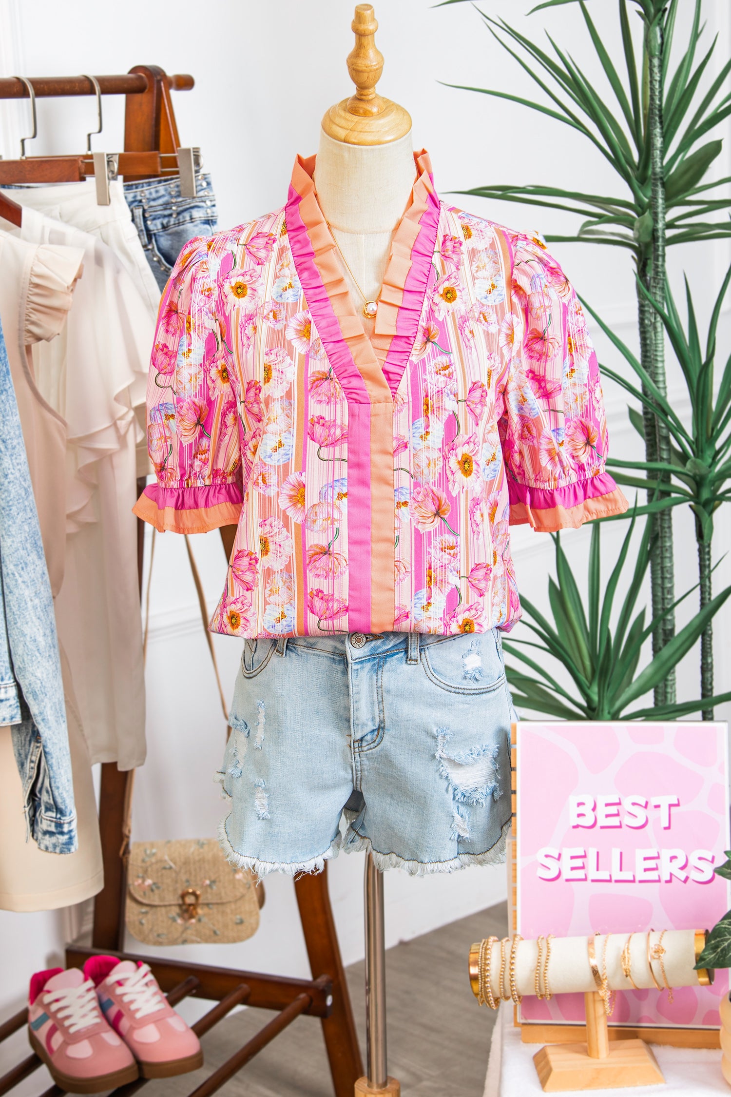 Pink Poppy Flower Striped Print Color Block Trim V Neck Short Sleeve Blouse